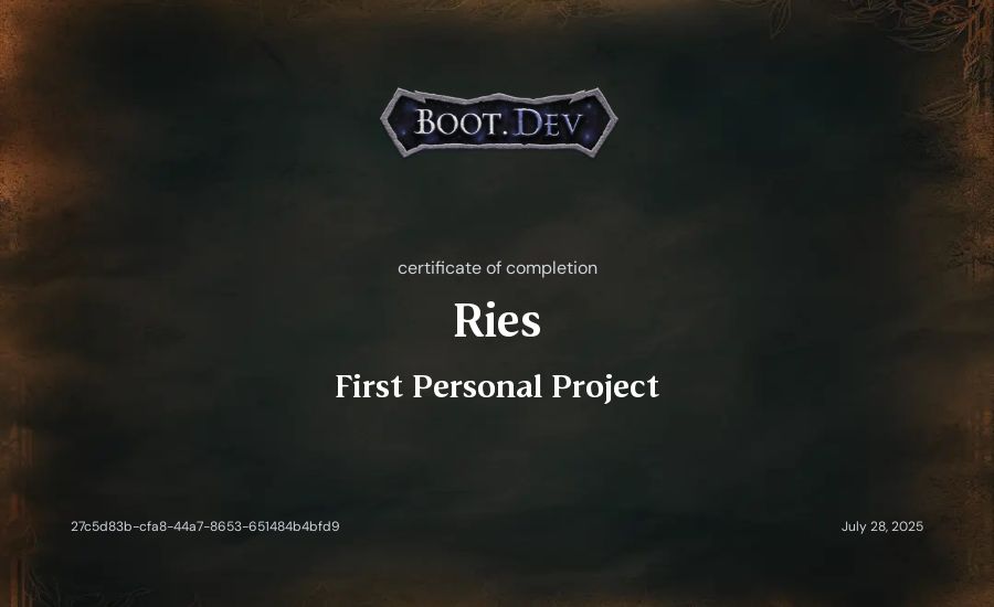 Ries's Boot.dev First Personal Project certificate