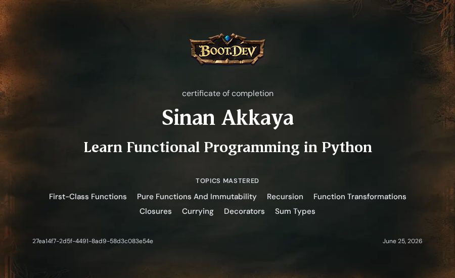 Sinan Akkaya's Boot.dev Learn Functional Programming in Python certificate