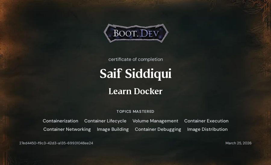 Saif Siddiqui's Boot.dev Learn Docker certificate