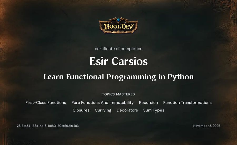Esir Carsios's Boot.dev Learn Functional Programming in Python certificate