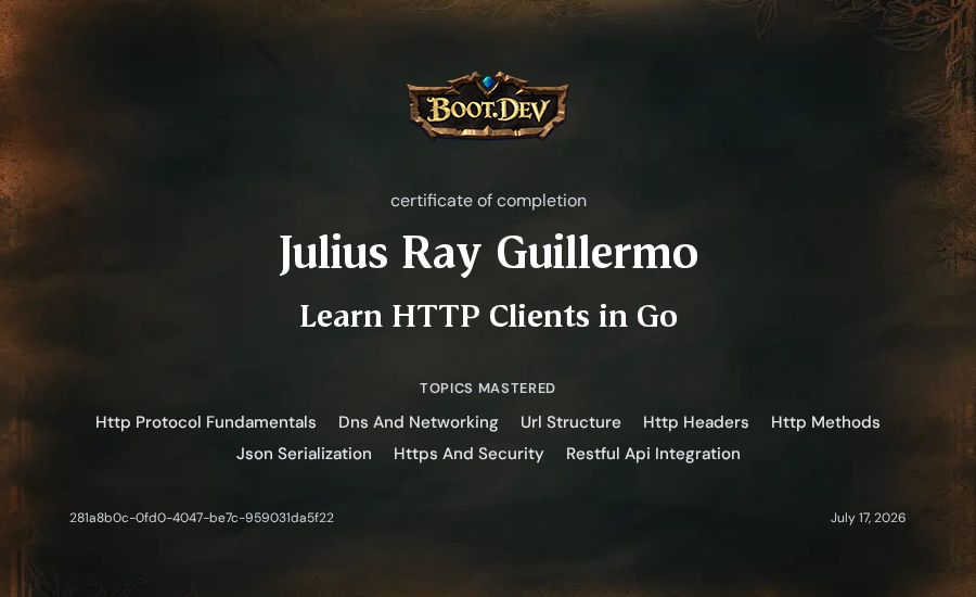 Julius Ray Guillermo's Boot.dev Learn HTTP Clients in Go certificate