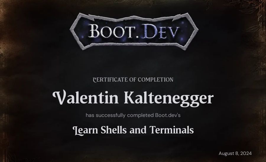 Valentin Kaltenegger's Boot.dev Learn Linux certificate
