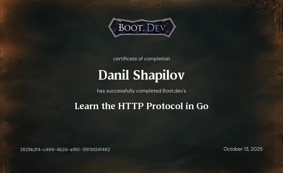 Danil Shapilov's Boot.dev Learn the HTTP Protocol in Go certificate