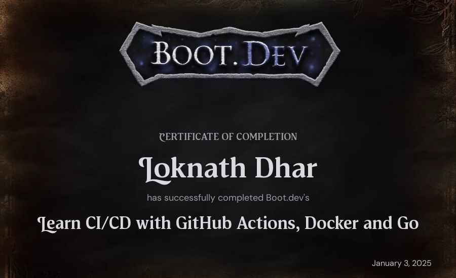 Loknath Dhar's Boot.dev Learn CI/CD with GitHub Actions, Docker and Go certificate