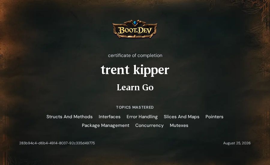 trent kipper's Boot.dev Learn Go certificate
