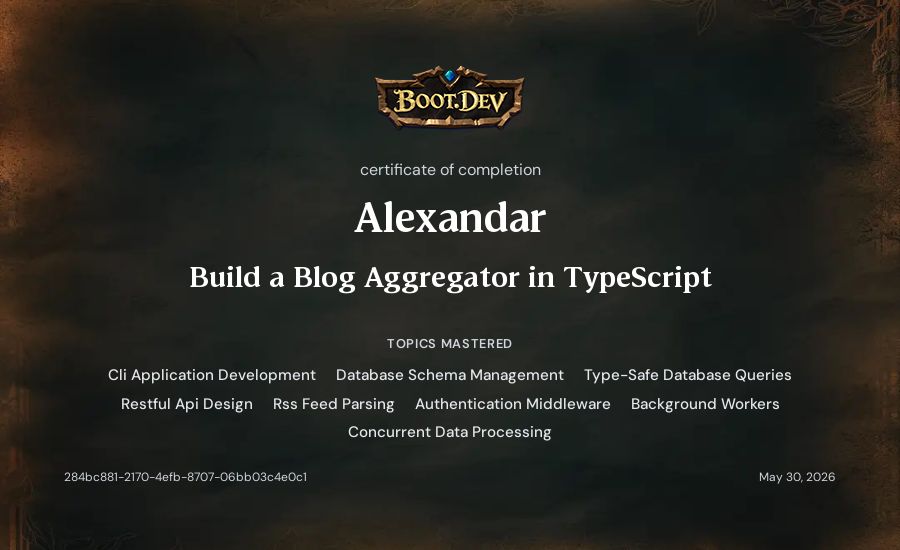 Alexandar's Boot.dev Build a Blog Aggregator in TypeScript certificate