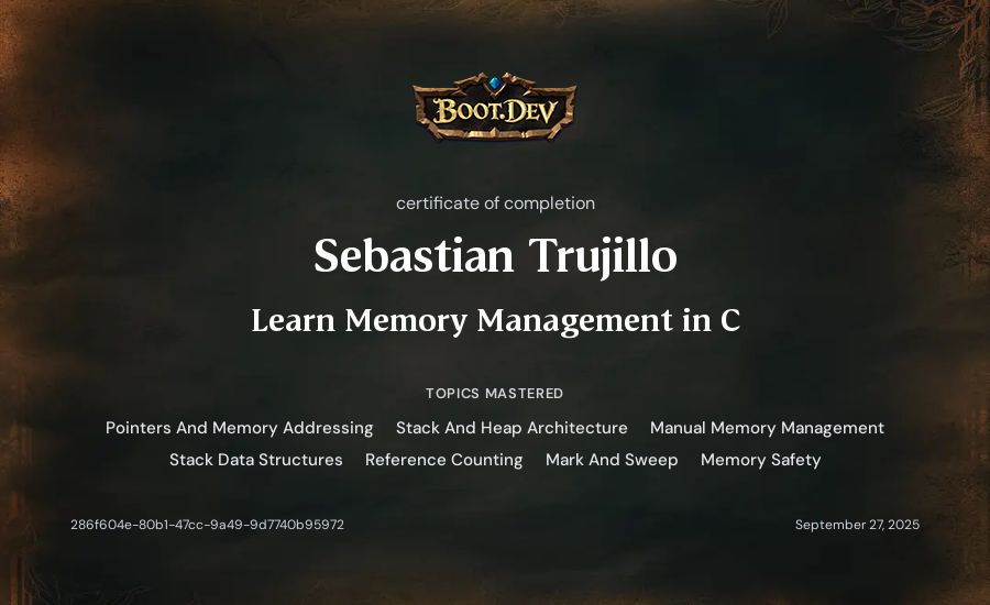 Sebastian Trujillo's Boot.dev Learn Memory Management in C certificate