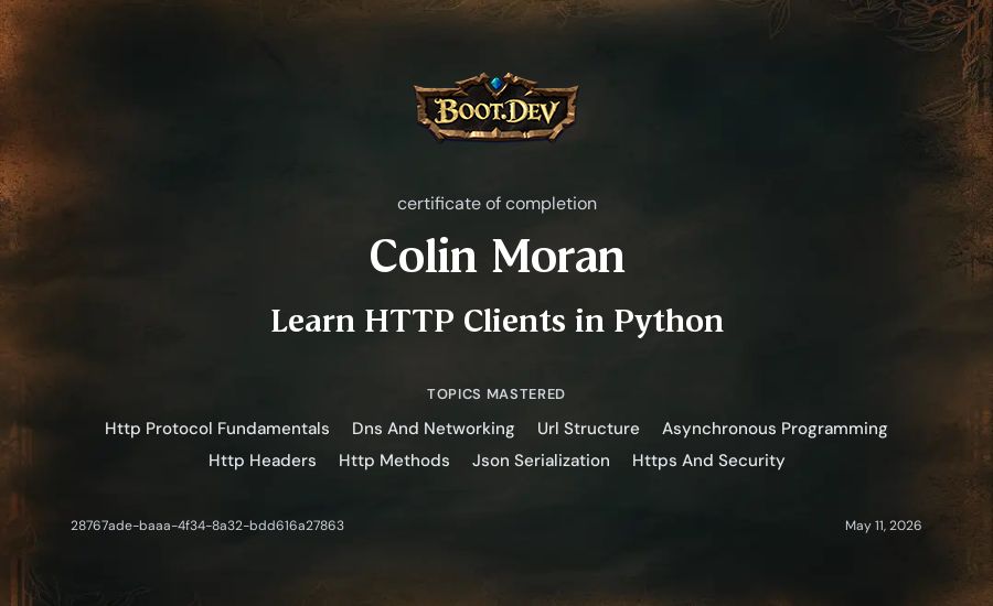 Colin Moran's Boot.dev Learn HTTP Clients in Python certificate