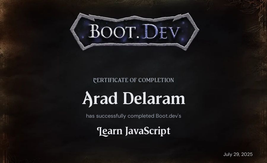 Arad Delaram's Boot.dev Learn JavaScript certificate