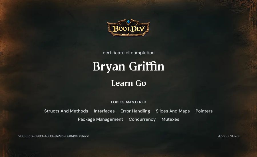 Bryan Griffin's Boot.dev Learn Go certificate