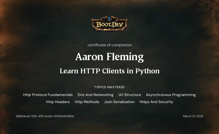 Aaron Fleming's Boot.dev Learn HTTP Clients in Python certificate