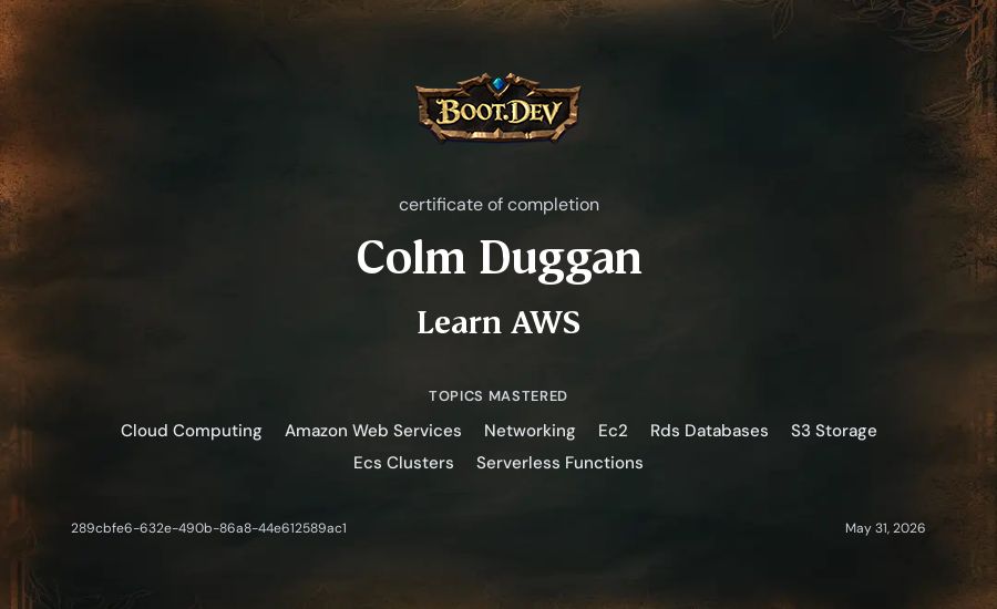 Colm Duggan's Boot.dev Learn AWS certificate