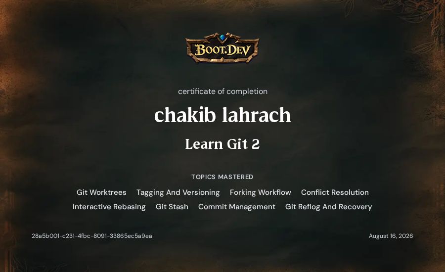 chakib lahrach's Boot.dev Learn Git 2 certificate