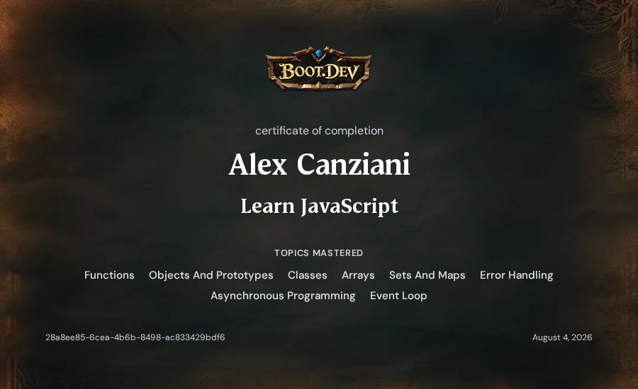 Alex Canziani's Boot.dev Learn JavaScript certificate