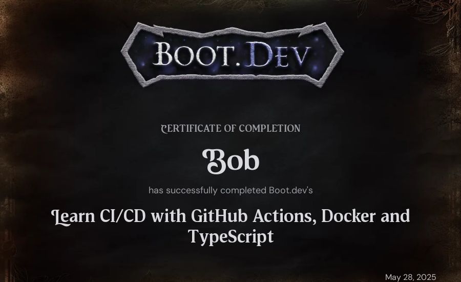 Bob Saludo's Boot.dev Learn CI/CD with GitHub Actions, Docker and TypeScript certificate