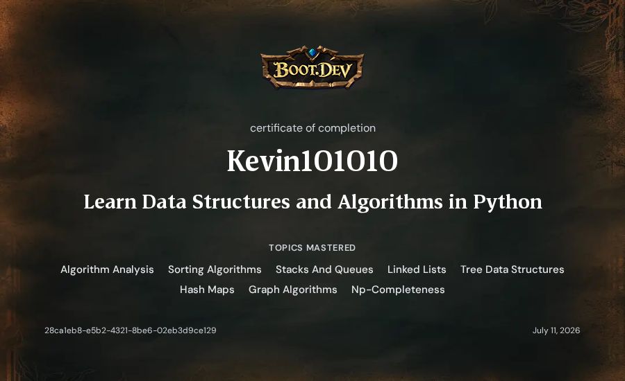 Kevin101010's Boot.dev Learn Data Structures and Algorithms in Python certificate