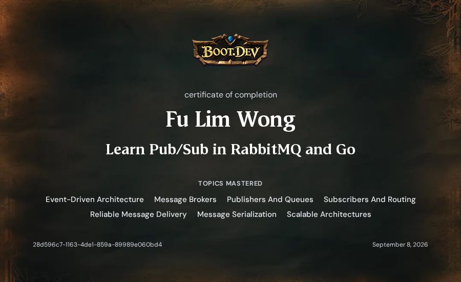Fu Lim Wong's Boot.dev Learn Pub/Sub in RabbitMQ and Go certificate
