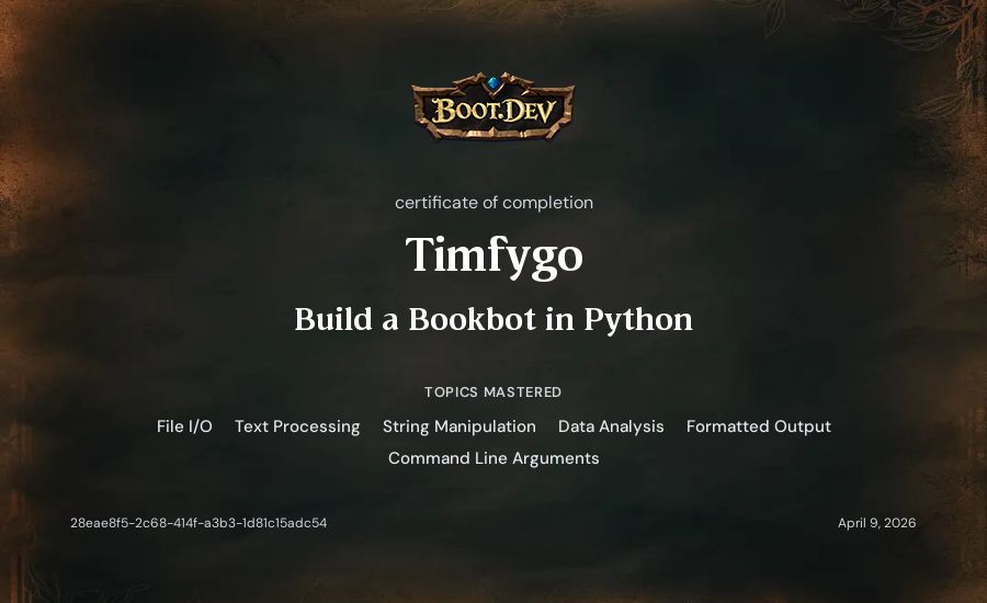Timfygo's Boot.dev Build a BookBot in Python certificate