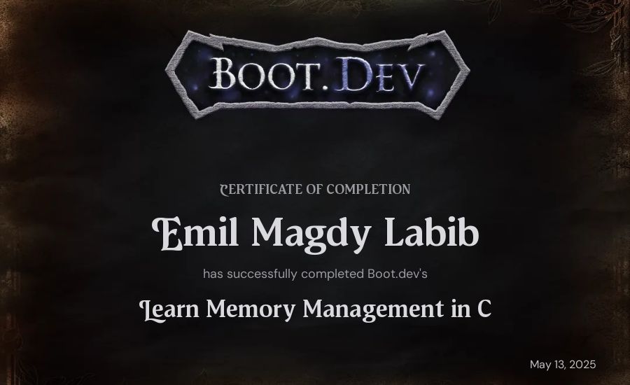 Emil Magdy Labib's Boot.dev Learn Memory Management in C certificate