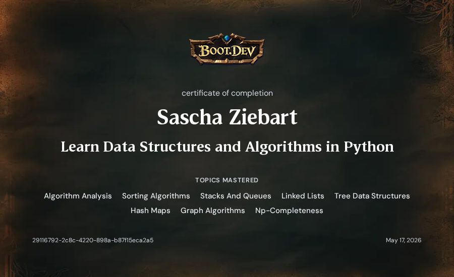 Sascha Ziebart's Boot.dev Learn Data Structures and Algorithms in Python certificate