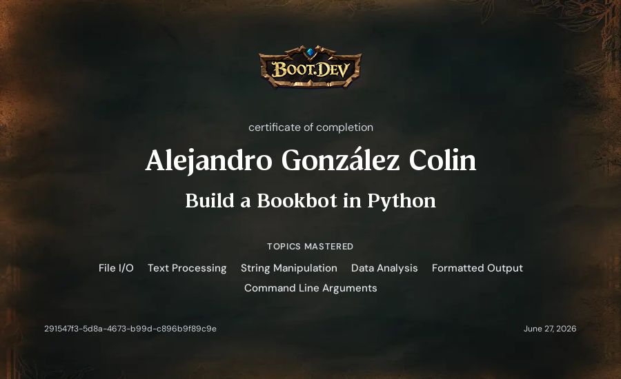 Alejandro González Colin's Boot.dev Build a BookBot in Python certificate