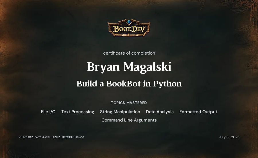 Bryan Magalski's Boot.dev Build a BookBot in Python certificate