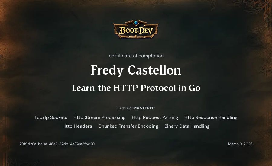 Fredy Castellon's Boot.dev Learn the HTTP Protocol in Go certificate