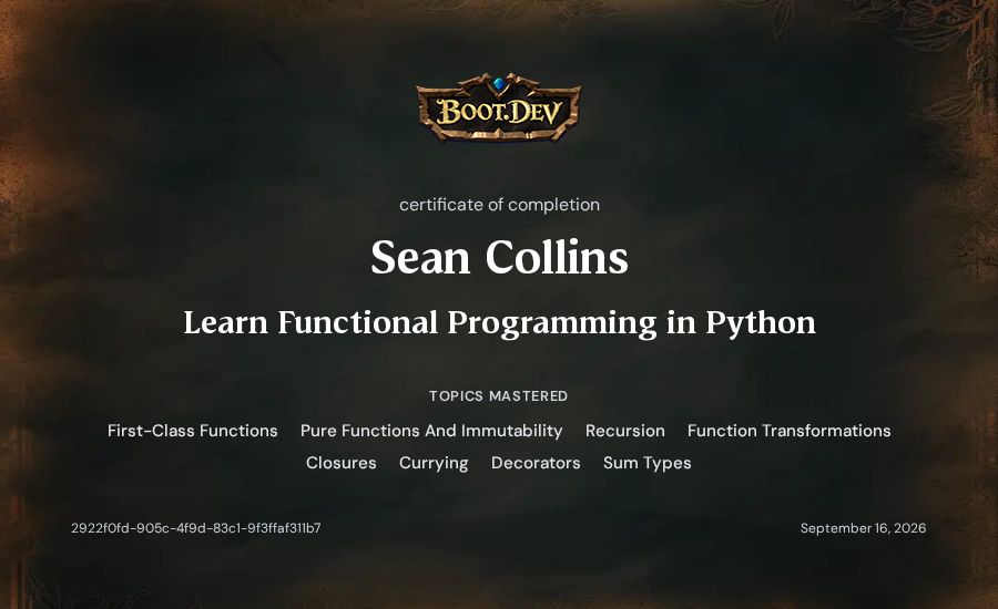 Sean Collins's Boot.dev Learn Functional Programming in Python certificate