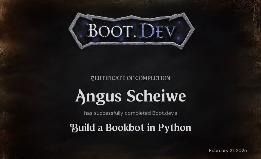 Angus Scheiwe's Boot.dev Build a BookBot in Python certificate