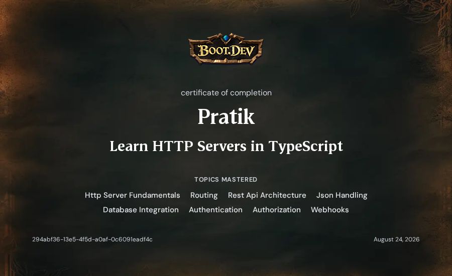 Pratik's Boot.dev Learn HTTP Servers in TypeScript certificate