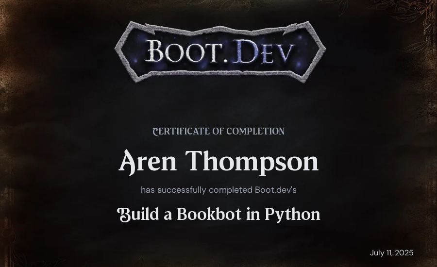 Aren Thompson's Boot.dev Build a BookBot in Python certificate