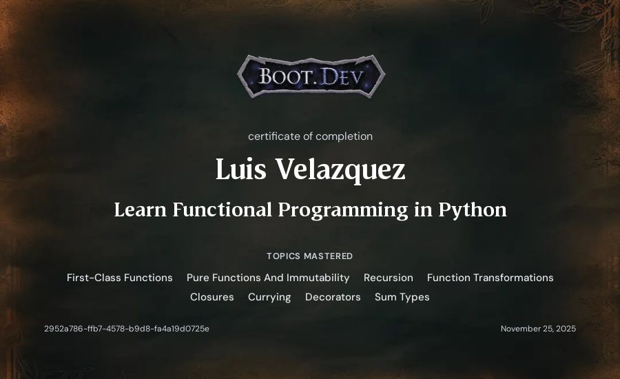 Luis Velazquez's Boot.dev Learn Functional Programming in Python certificate