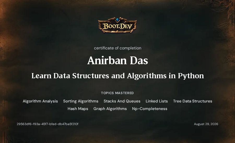 Anirban Das's Boot.dev Learn Data Structures and Algorithms in Python certificate