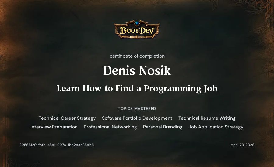 Denis Nosik's Boot.dev Learn How to Find a Programming Job certificate