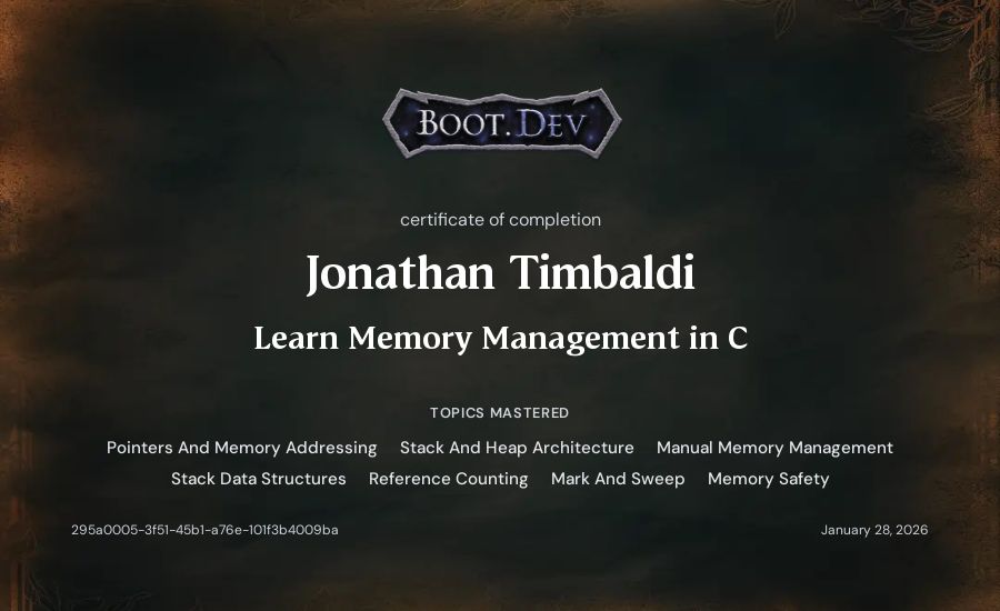 Jonathan Timbaldi's Boot.dev Learn Memory Management in C certificate