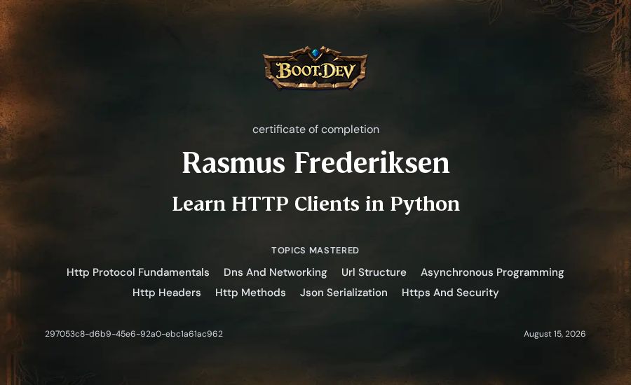 Rasmus Frederiksen's Boot.dev Learn HTTP Clients in Python certificate
