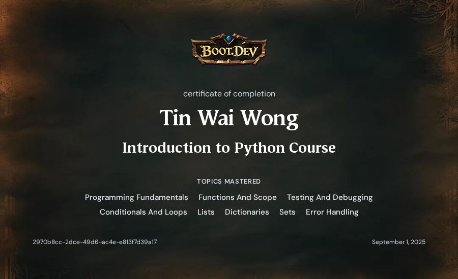 Tin Wai Wong's Boot.dev Introduction to Python Course certificate