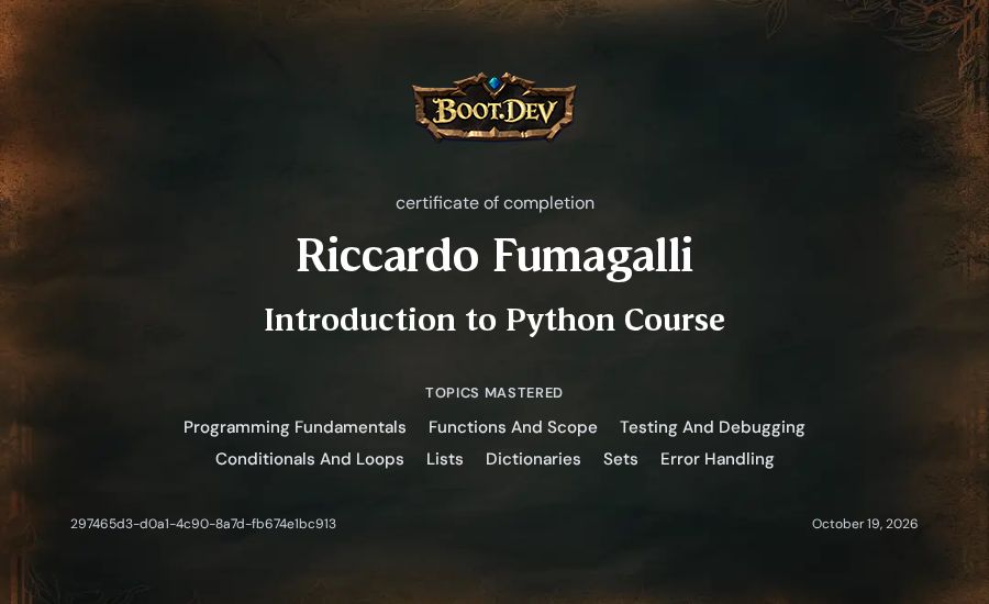 Riccardo Fumagalli's Boot.dev Introduction to Python Course certificate
