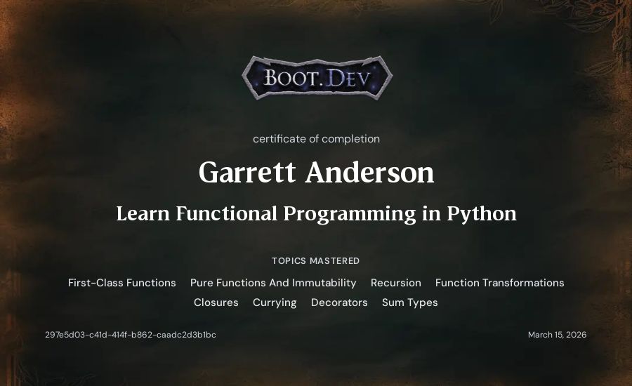 Garrett Anderson's Boot.dev Learn Functional Programming in Python certificate