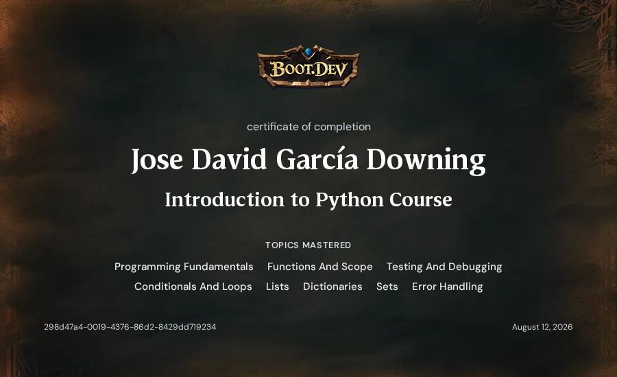 Jose David García Downing's Boot.dev Introduction to Python Course certificate