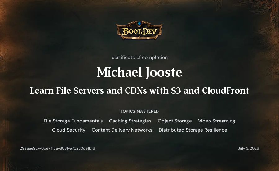 Michael Jooste's Boot.dev Learn File Servers and CDNs with S3 and CloudFront certificate