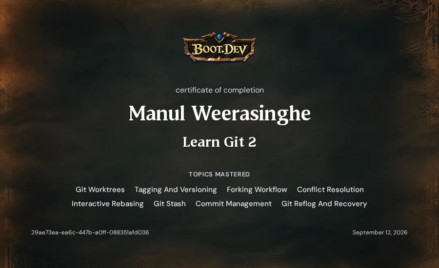 Manul Weerasinghe's Boot.dev Learn Git 2 certificate