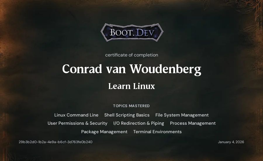 Conrad van Woudenberg's Boot.dev Learn Linux certificate