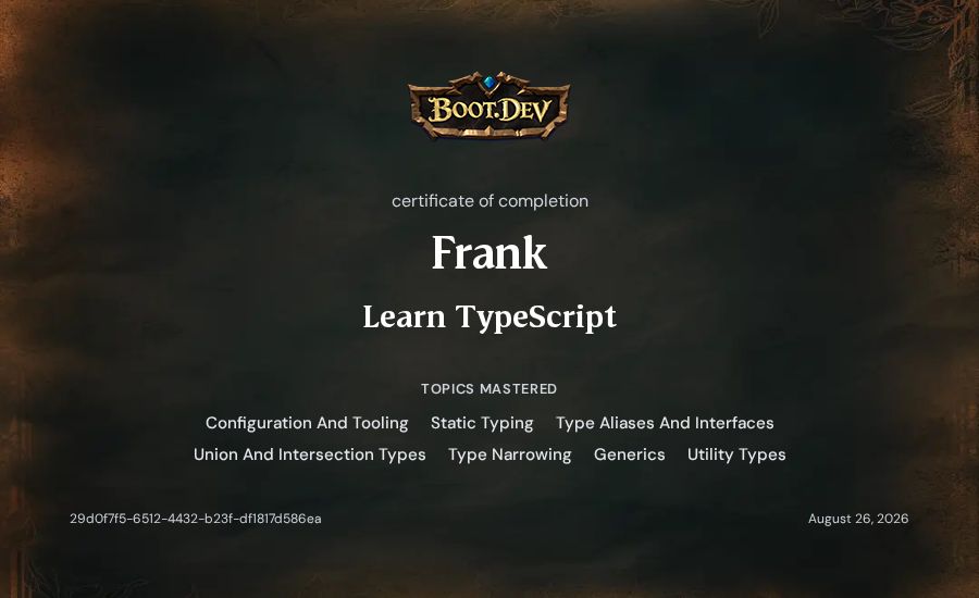 Frank's Boot.dev Learn TypeScript certificate