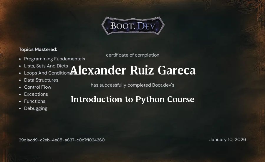 Alexander Ruiz Gareca's Boot.dev Introduction to Python Course certificate