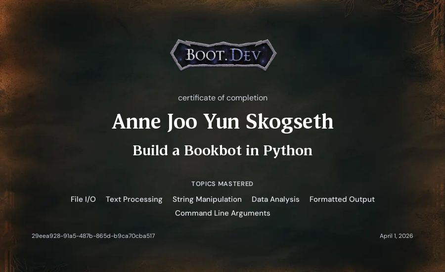 Anne Joo Yun Skogseth's Boot.dev Build a BookBot in Python certificate
