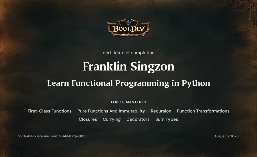 Franklin Singzon's Boot.dev Learn Functional Programming in Python certificate