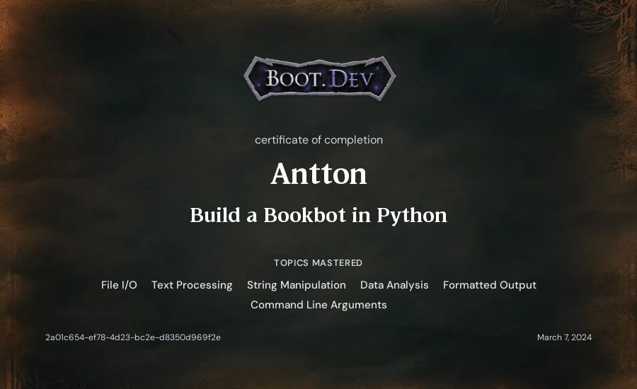 Antton's Boot.dev Build a BookBot in Python certificate