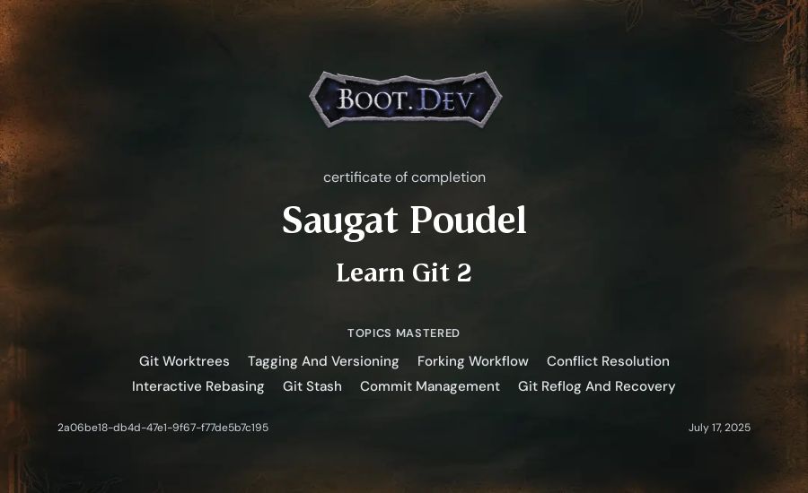 Saugat Poudel's Boot.dev Learn Git 2 certificate