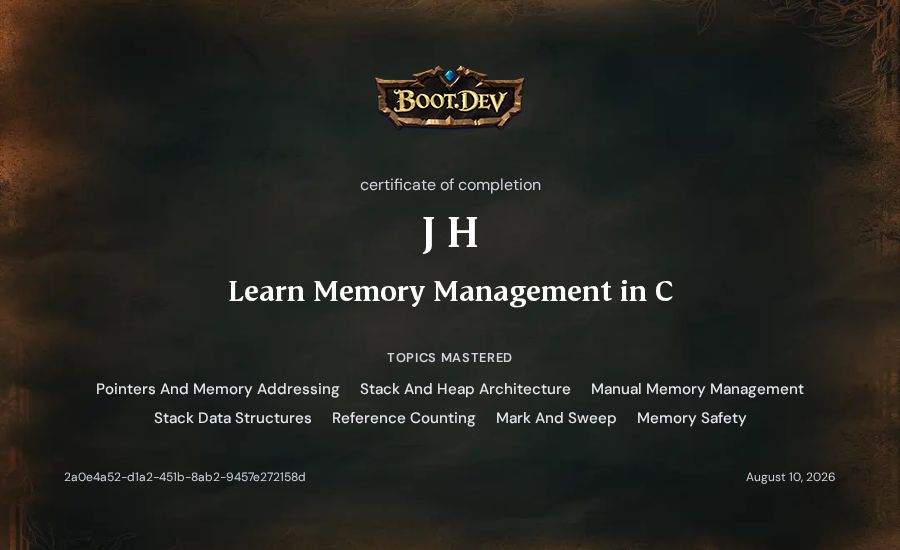 J H's Boot.dev Learn Memory Management in C certificate